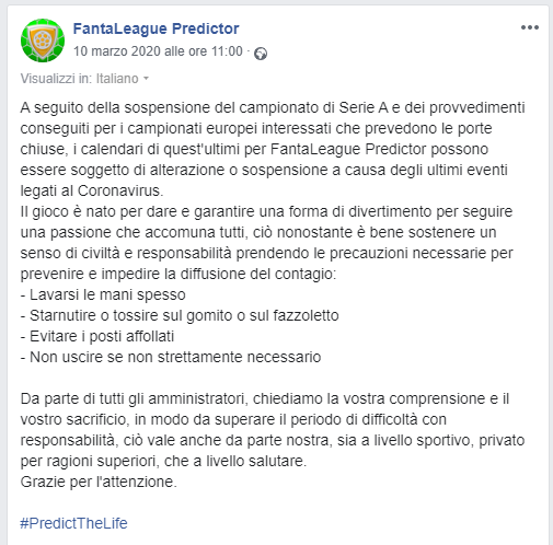Prediction_Leag's tweet photo. 🚨 Comunicazione importante in merito agli ultimi eventi legati al Coronavirus. #PredictTheLife https://t.co/DNy7jSKzm3