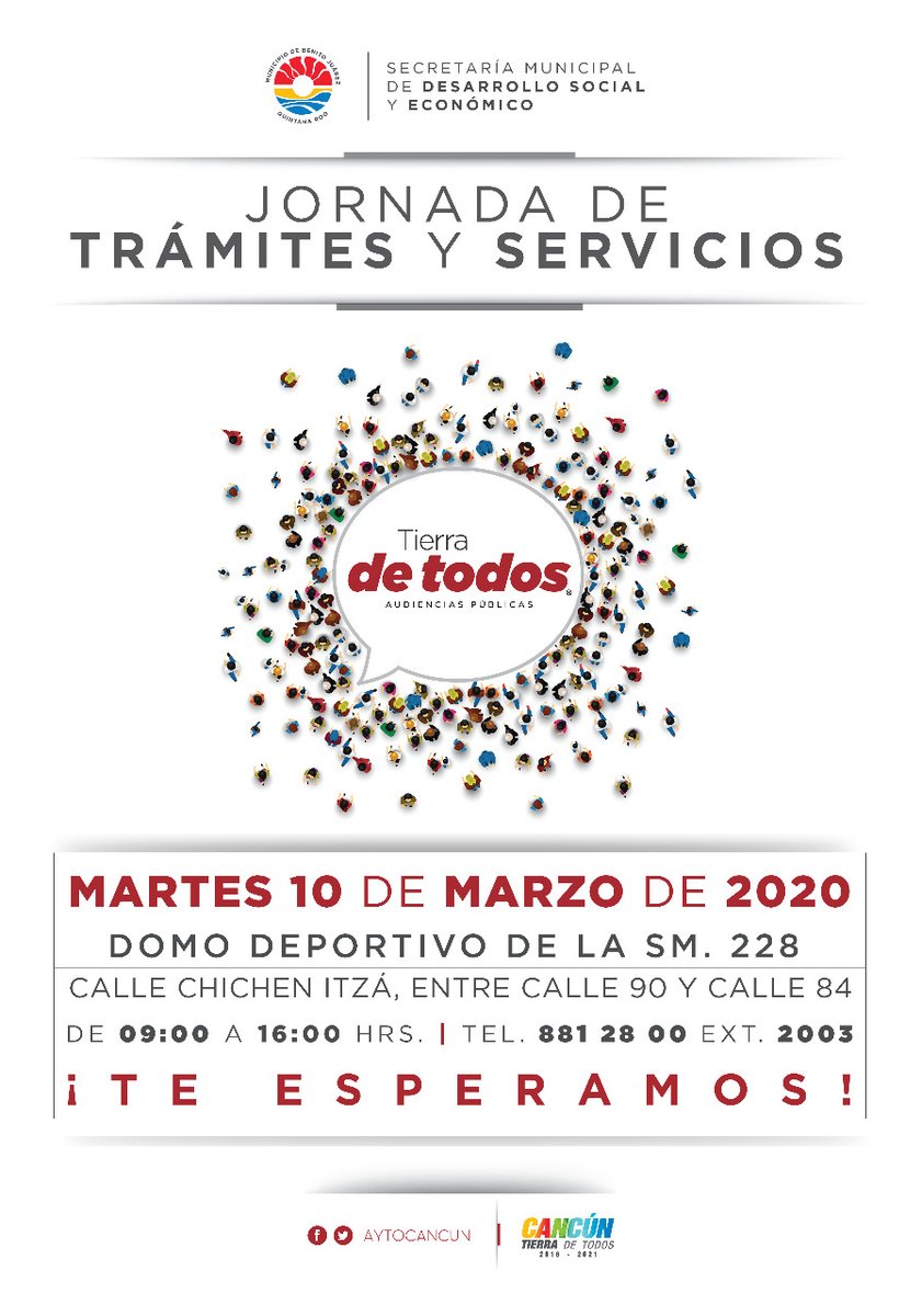 AytoCancun's tweet photo. ¡Ya viene el programa #TierraDeTodos!
Asiste el 10 de marzo al domo deportivo de la #Sm228, de 9:00 a 16:00 horas. ¡Tendremos más de 80 trámites y servicios para ti!
#CancúnTierraDeTodos https://t.co/jLHSV87Znb