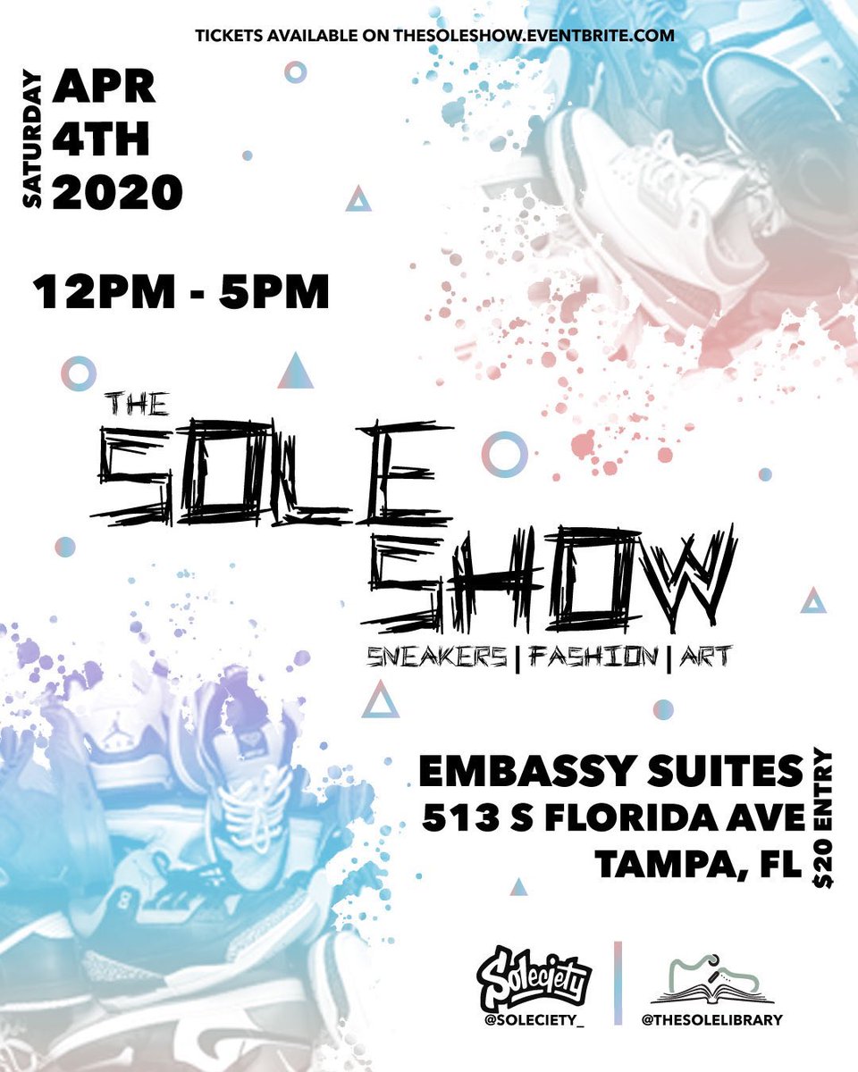 The Sole Show is less then a month away! Get your tickets now! 

Event details are as follows:
🗓 April 4, 2020
⏰ 12PM - 5PM
📍Embassy Suites | 523 S Florida Ave, Tampa
🎟 TheSoleShow.Eventbrite.com
🔊 vibes by <a href="/JoeyFranchize/">PVPI SHVMPOO</a>