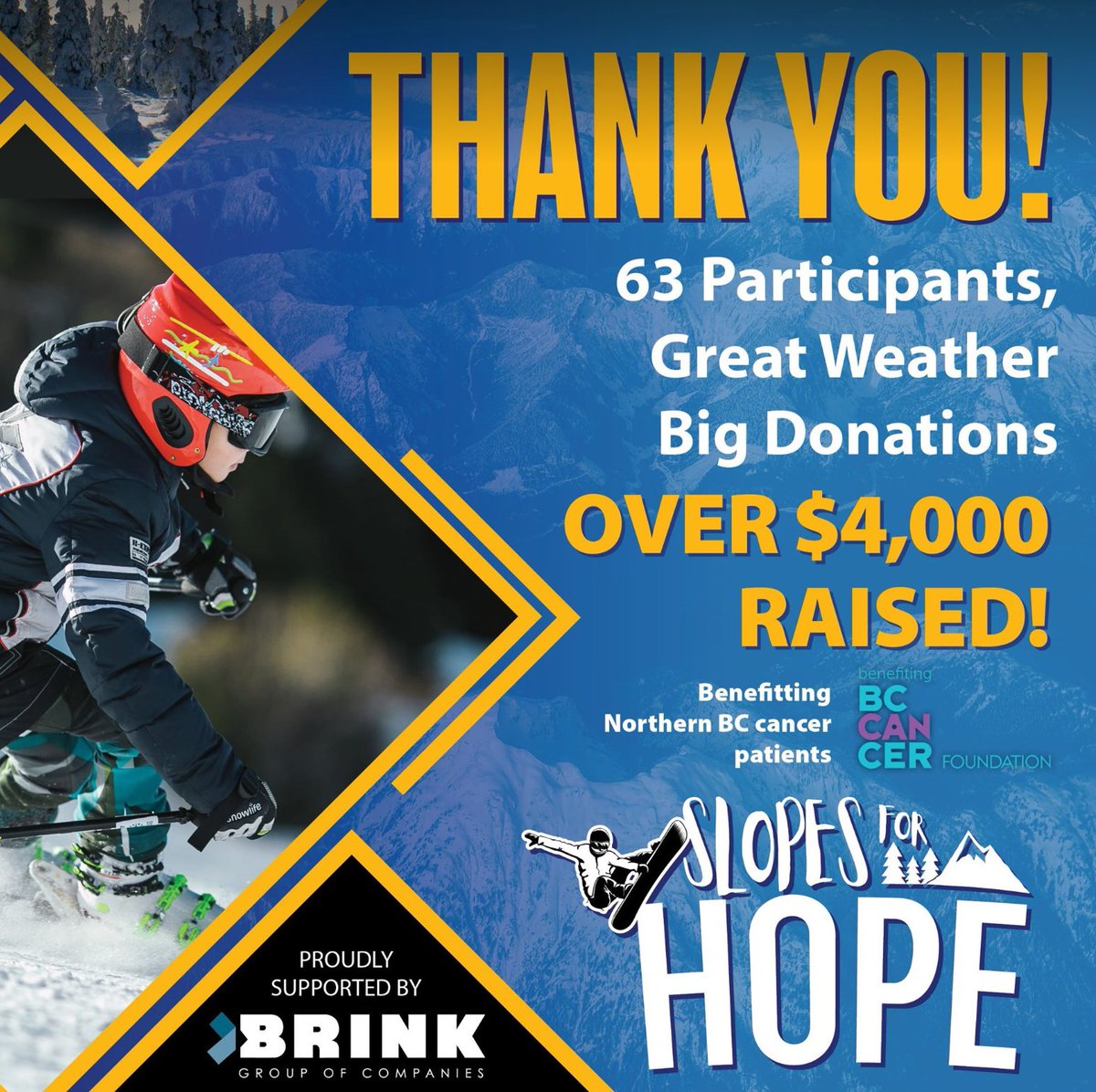BrinkGroup's tweet photo. Successful day on the slopes! Thank you to all the organizers and volunteers for helping raise money for the @bccancerfdn. #proudsupporter https://t.co/oepOUqEKzW