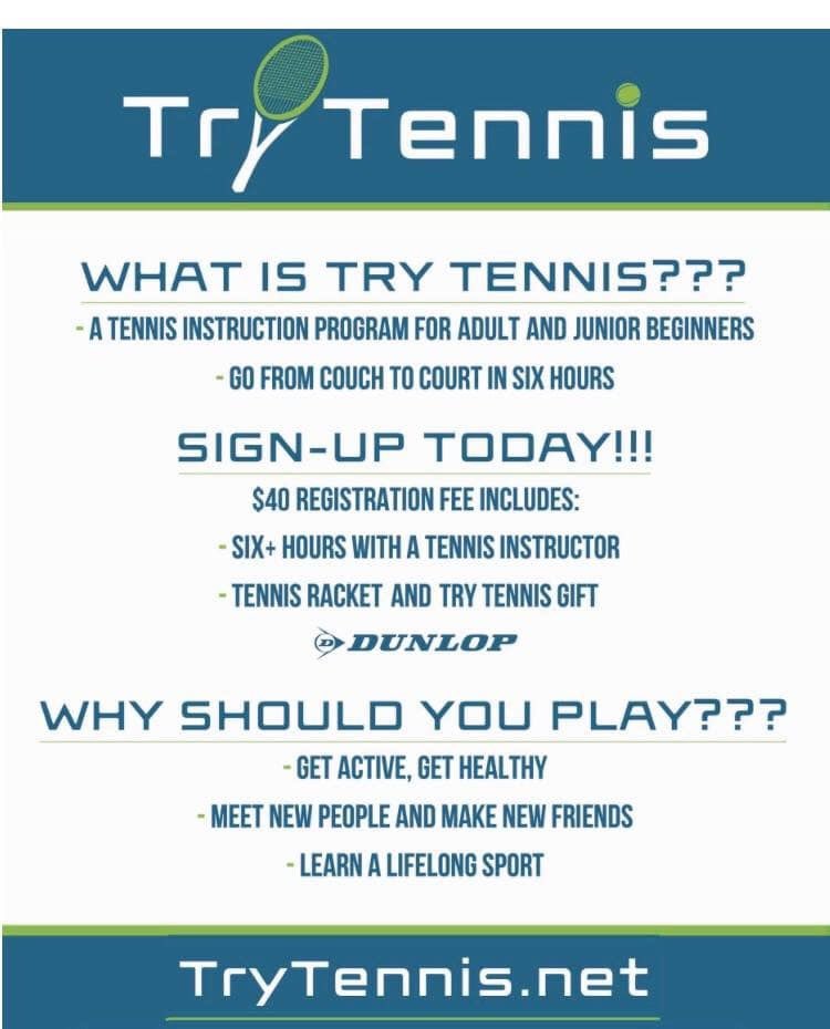 🎾The tennis professionals at NorthStone will be hosting spring Try Tennis sessions for adults and juniors! 🎾 This is a great and inexpensive way to be introduced to the game of tennis and learn to play. 
Visit TryTennis.net to register!