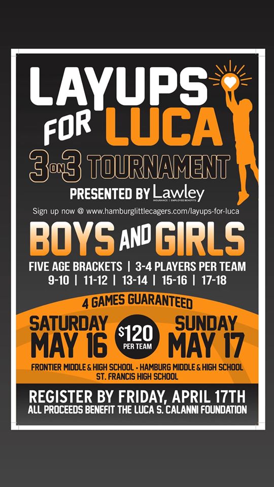 Get your teams ready and sign up to be part of this amazing event! Sign up fee will include reversible jerseys that will be provided at registration. Food trucks will be on site! Sign up at: hamburglittlecagers.com/layups-for-luca