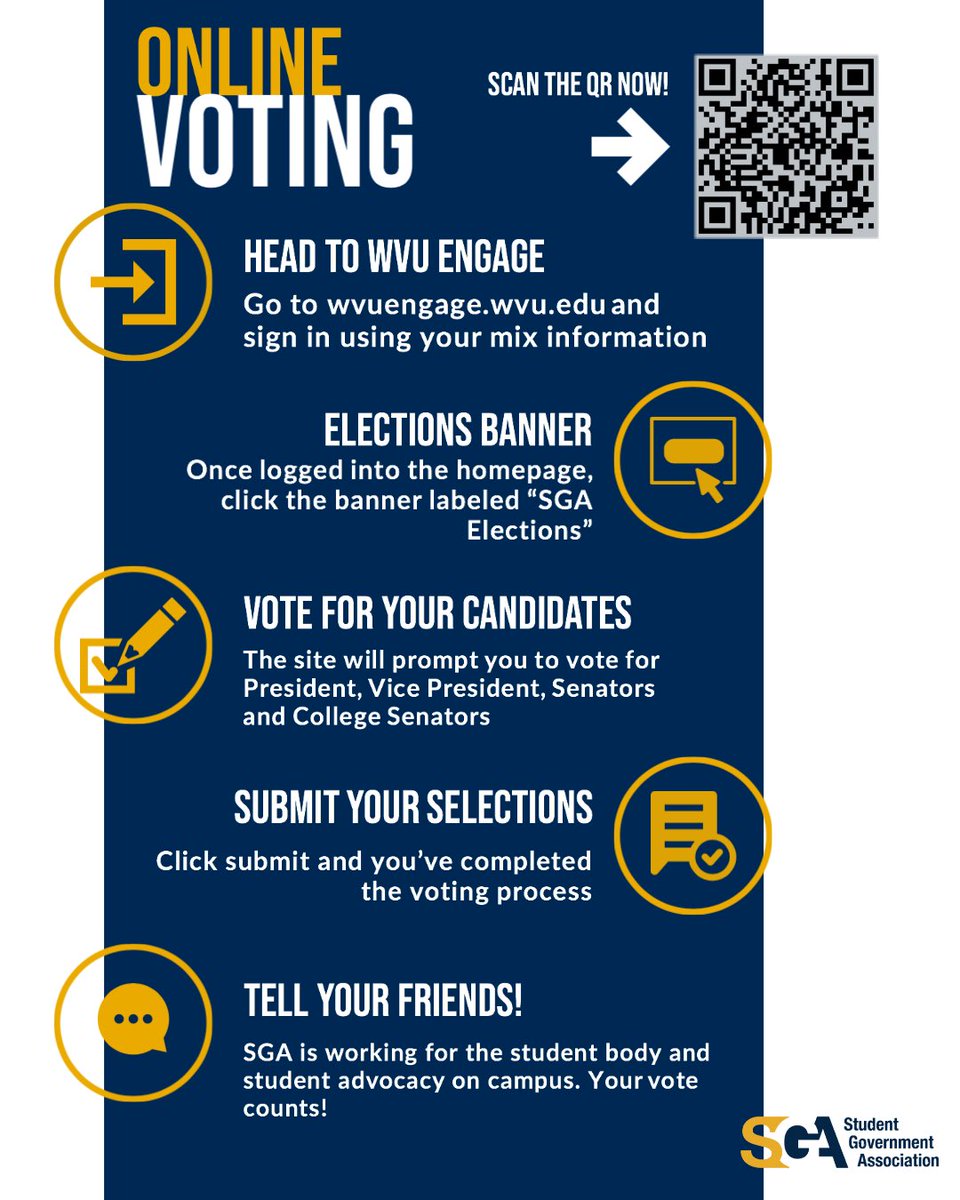 sgawvu's tweet photo. Student government elections begin tomorrow, 9am-5pm 🗳 Here’s everything you need to know about voting with WVU Engage ⬇️ https://t.co/raJs2Sb7dv https://t.co/SIrkkOsf0v