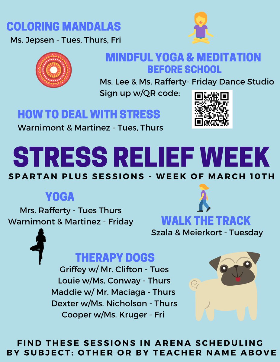 OLSpartanPlus's tweet photo. Lowering stress helps strengthen your immune system! Sign up for #stressrelief during #spartanplus! Tues: How to Deal w/ Stress (Martinez/Warnimont) Walk the Track (Meierkort/Szala) Coloring Mandalas (Jepsen) Therapy Dogs (Clifton) Yoga (Rafferty). #olchspride @olchsdaily https://t.co/CKzMSwGQUJ