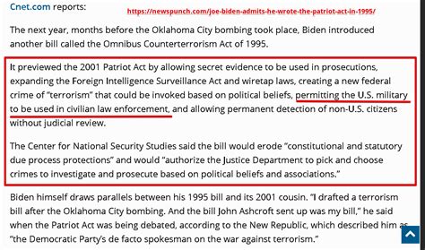 Joe Biden 2 months before the bombing, which later morphed into the "Antiterrorism and Death penalty act of 1996" which was passed the next year. President Bill Clinton specifically linked the bill to OKC bombing, years later this bill was used as the..