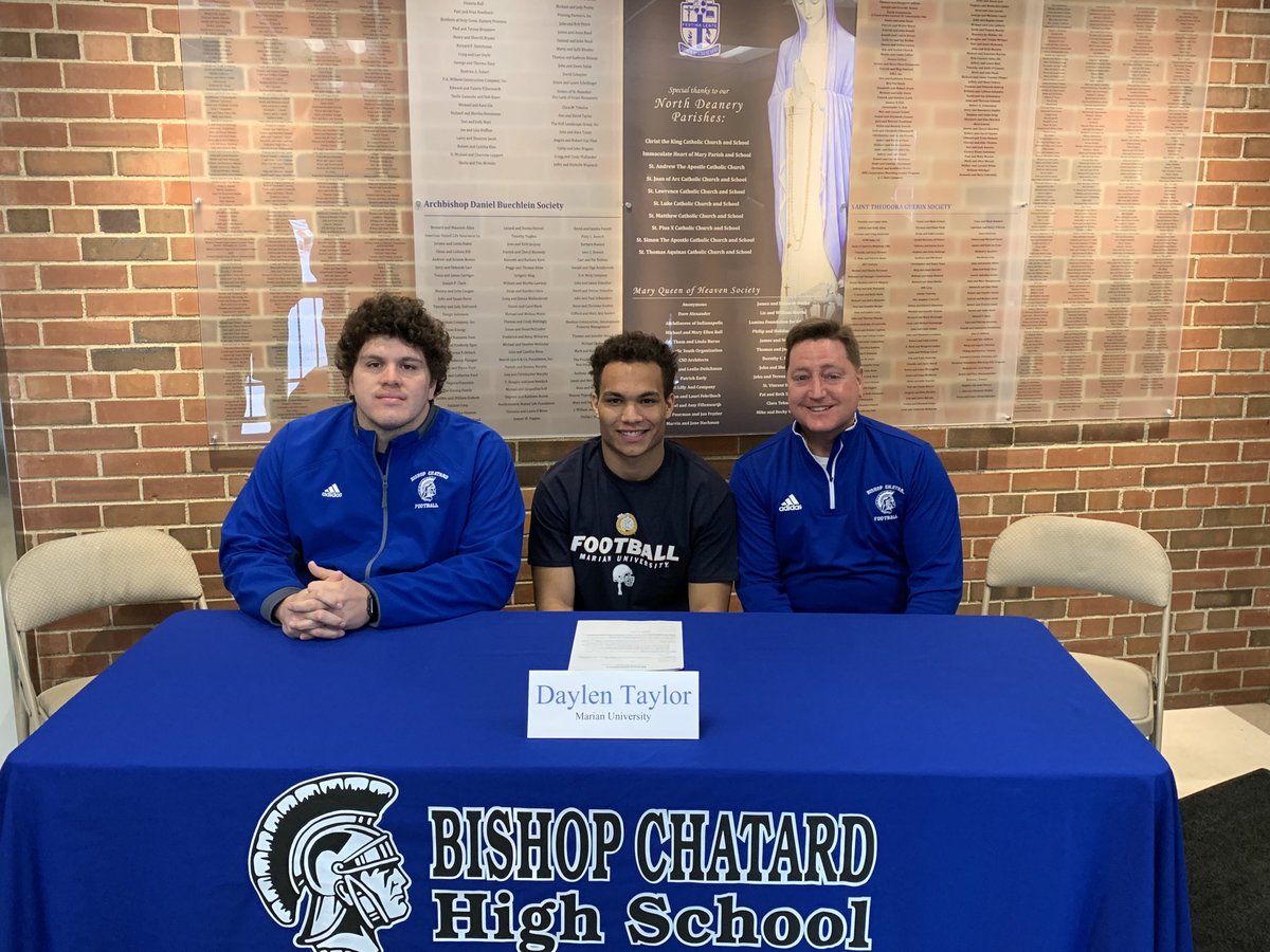 BCHSAthletics's tweet photo. Congrats to Daylen Taylor &amp; his family on signing to play Football &amp; attend Marian University! Go Knights!! https://t.co/9UoasJDOMa
