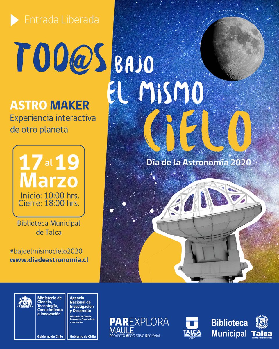 ExploraMaule's tweet photo. Aprende sobre astronomía 💫 de una forma entretenida en el espacio #AstroMaker de #ExploraMaule 
@UTalca ! Desde el 17 al 19 de marzo en la Biblioteca Municipal de #Talca. Profes, inscribe a tu curso acá: https://t.co/OJWQW0aGXJ https://t.co/hnWGqQdJ9W