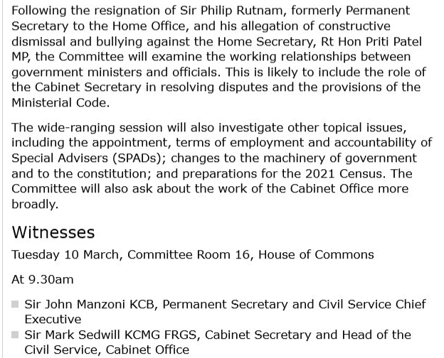 BENEFITS_NEWS's tweet image. Anyone up early-ish?
PACAC to take evidence from Mark Sedwill and John Manzoni  - in relation to Priti Patel - *bullying* scandal... and wonder if Cummings might be mentioned #SPADS 

As for 2021 Census..... 

parliament.uk/business/commi…