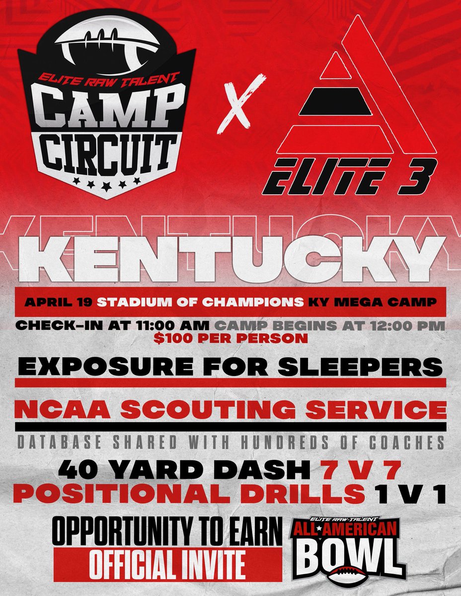 _Elite3's tweet photo. KENTUCKY MEGA CAMP 4/19/20
Elite 3 X Elite Raw Talent
•Exposure •Rankings •Bowl Game Invites •Colleges Coaches •Player Profiles •Data sent to colleges
{DM FOR INFO/ LIMITED SPACE}
#Sleepers #Exposure #Recruits #Ballers #RawRecruiting #ERTRecruiting #SayLessDoMore #Elite3🔺 https://t.co/jYmtd4QVzd