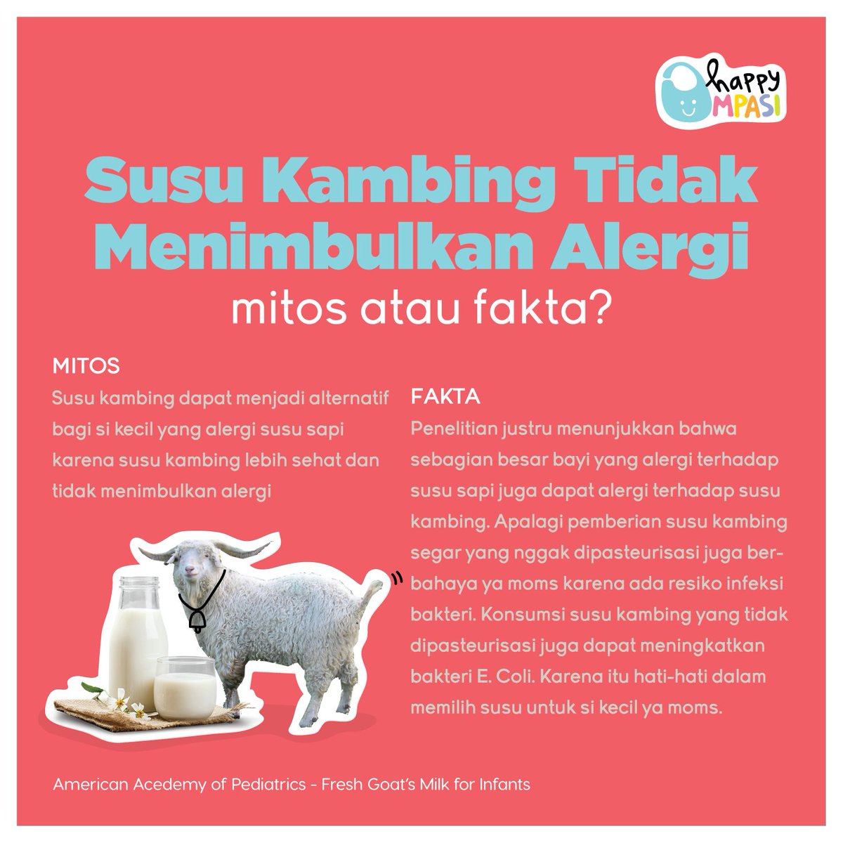 HappyMPASI's tweet photo. Perlu dipertimbangkan untuk pemberian susu kambing bagi si kecil. Moms dapat berkonsultasi dulu dengan DSA ya

#happympasi #parentingindonesia #tipsmpasi #mythsvsfacts #mitossusukambing https://t.co/2k2YS9Ftuz
