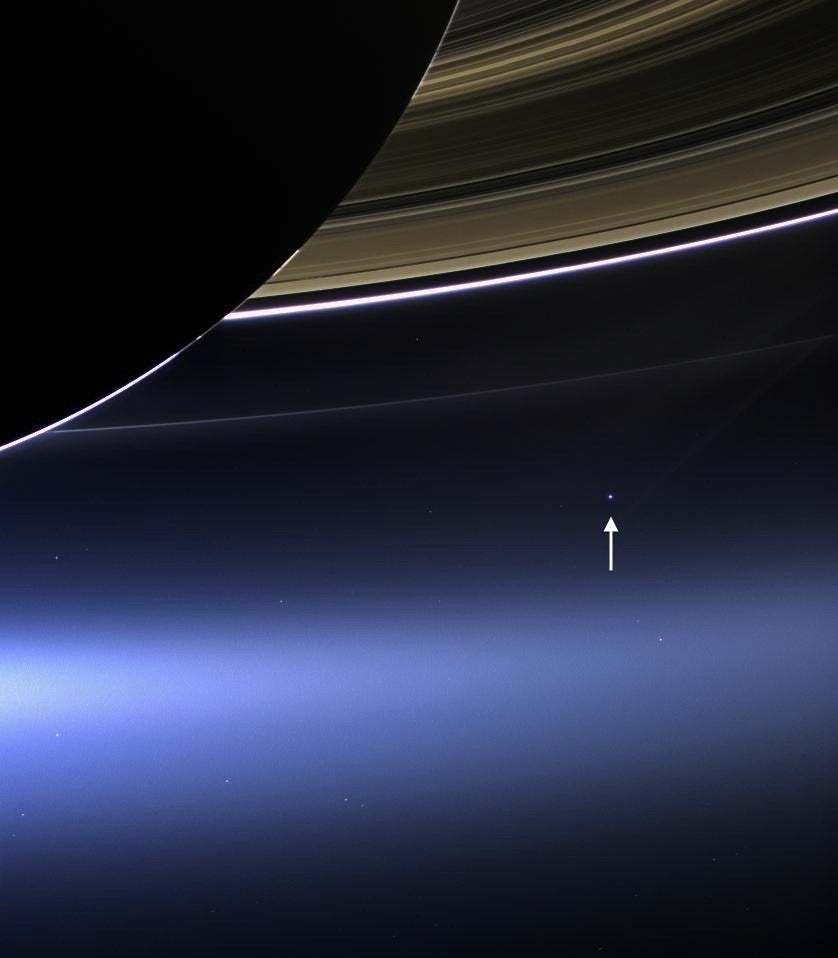 wonderofscience's tweet photo. This is what Earth looks like from 1.5 billion kilometers away; the Cassini spacecraft spots a pale blue dot beneath Saturn's rings. https://t.co/NulpFlwn2r
