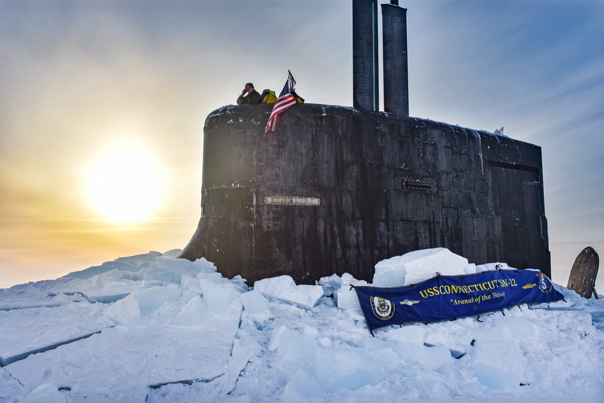 COMSUBLANT's tweet photo. Breaking through the ice is a dangerous evolution, but our submarine warriors are always up for the challenge. Here's a few photos of #USSConnecticut and #USSToledo as they surface @ #ICEX2020. #IceCampSeadragon #IceExercise #ArcticExercise #USNavy @USNavy #Arctic #Submarines https://t.co/9UBQgqziEs