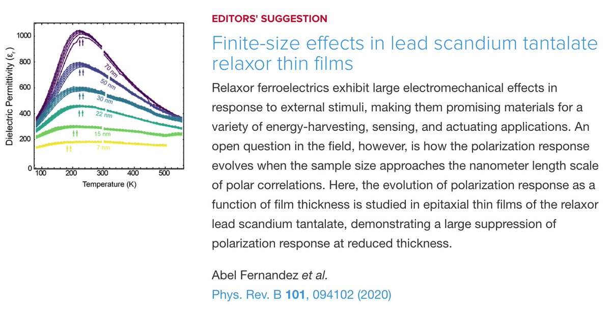 PhysRevB's tweet photo. PRB Editors' Suggestion: Finite-size effects in lead #scandium #tantalate #relaxor thin films
#physics #EdSugg #condmat @APSPhysics
https://t.co/poweJ6CmdQ https://t.co/om5euROeaa