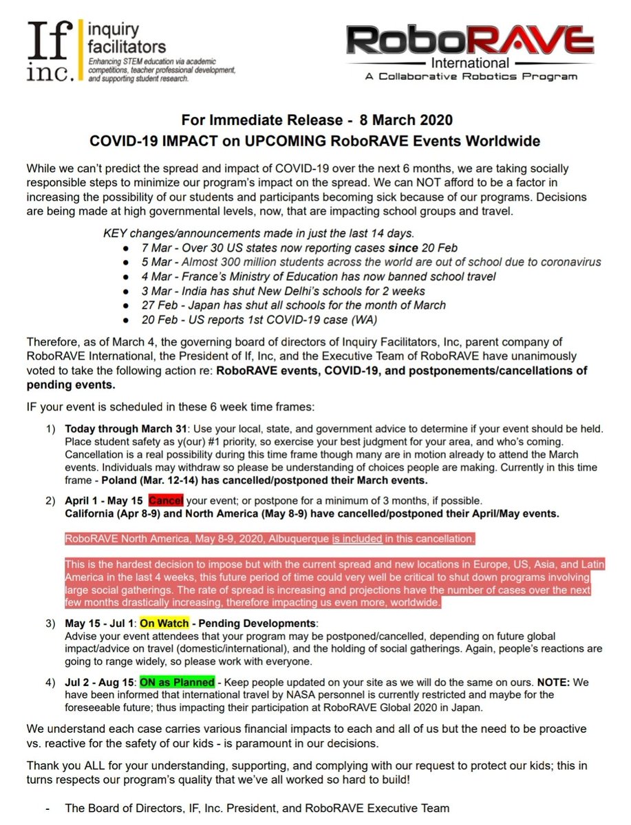 **For Immediate Release ** COVID-19 impact on upcoming RoboRAVE events worldwide. RoboRAVE North America. May 8-9, 2020, cancelled. #RoboRAVE #RoboRAVEInternational