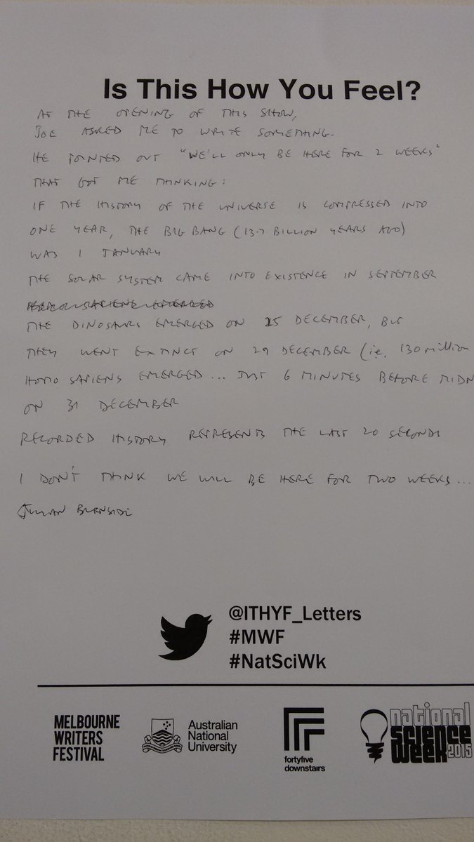ITHYF_Letters's tweet photo. In 2015, @JulianBurnside and @ProfPCDoherty wrote letters around our @MelbWritersFest exhibition. Here is how they felt then. I wonder how they feel now? #Climatechange #Isthishowyoufeel https://t.co/f7W3JvAkqQ