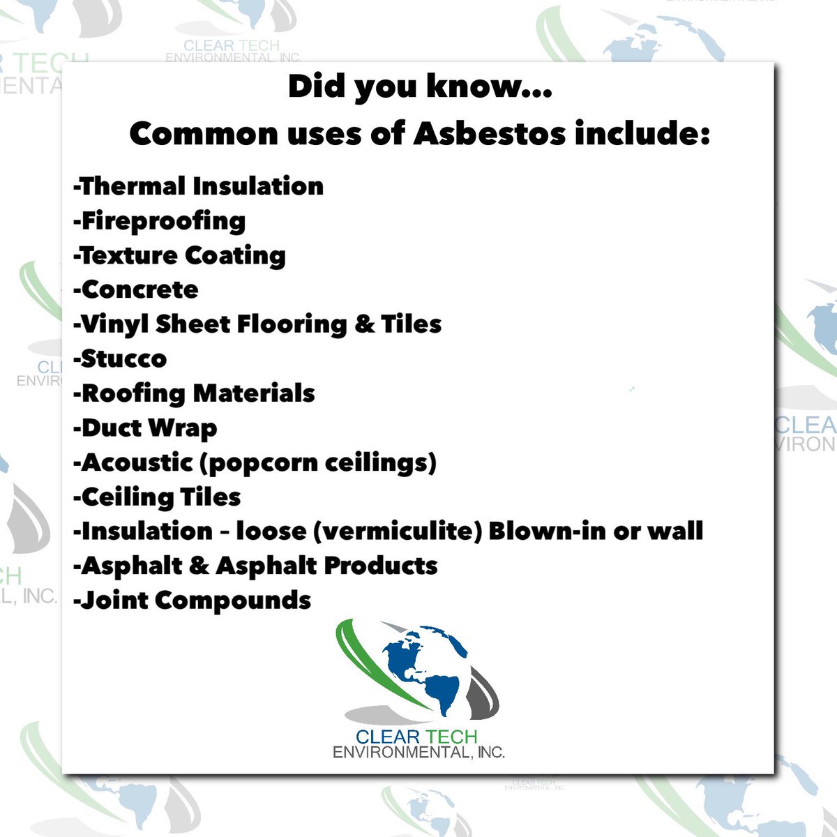 ClearTechEnv's tweet image. Did you know?

#ClearTechEnvironmental #asbestos #asbestosremoval #asbestossurvey #construction #asbestosawareness #asbestosabatement #environmental #asbestosdemolition #asbestosinspection #asbestostesting #mold #waterdamage #moldremediation #restoration