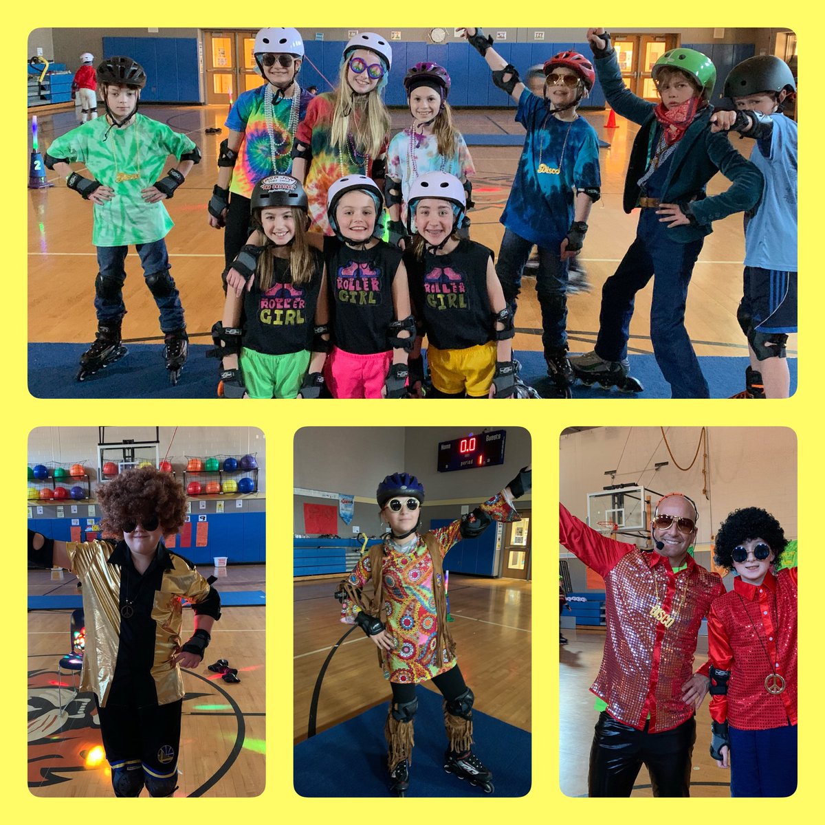 Disco Skate Week in PE! S’s costumes were AWESOME! Archway, long tunnel, disco sticks, disco ball and of course disco music. #discoinferno ⁦@UESPrincipal⁩