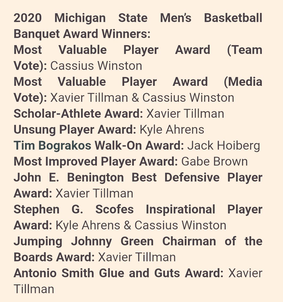 Good on <a href="/MSU_Basketball/">Michigan State Men's Basketball</a> for having Tillman and Winston share the media MVP award. They both cleaned up the awards, as they should have: