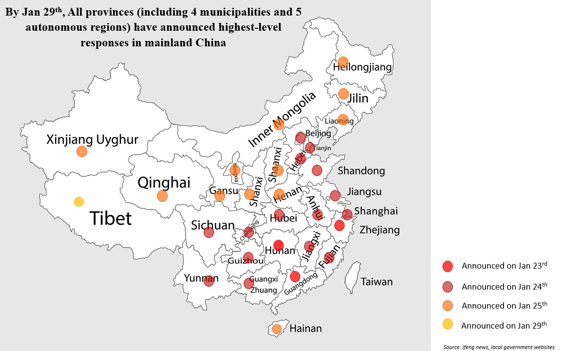 Here is a map and a timeline describing the imposition of "closed off management" restrictions at the provincial level across China as part of the effort to cope with  #COVID19. 19/