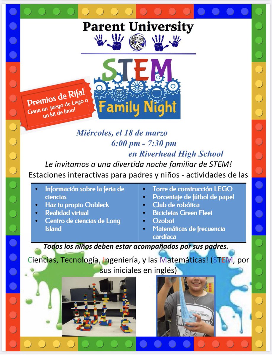 EmilyDSanz's tweet photo. Parent University invites you to join us for a fun STEM Family Night! Workshops include LEGO Building Tower, Oobleck, Ozobots, Virtual Reality, raffle prizes and more. @PhillipsAveElem #STEMeducation #thisisriverhead #STEMfamilynight https://t.co/hfzyS64TCm