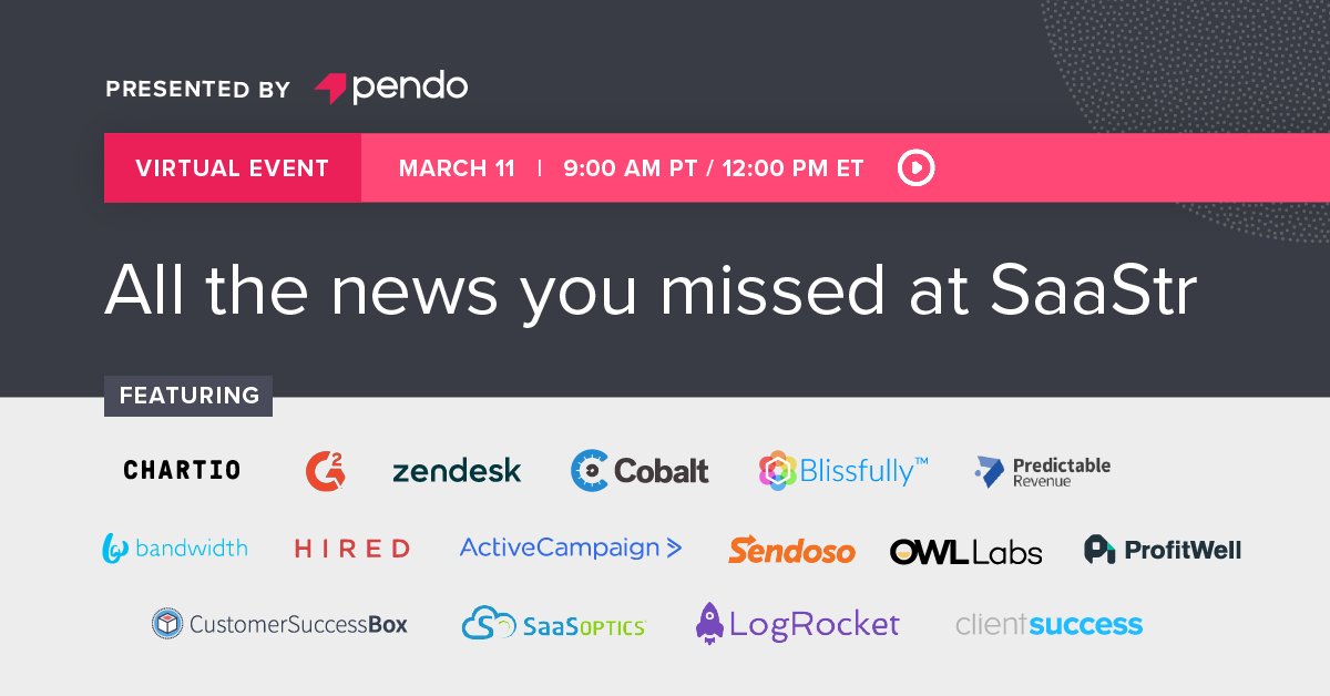 CustSuccessBox's tweet image. Afraid that you’d miss us at #SaaStrAnnual? Have no fear! We’re joining @pendoio’s virtual news event. Tune in to hear announcements from 18 top #SaaS companies. Register now! bit.ly/2VYiQfB