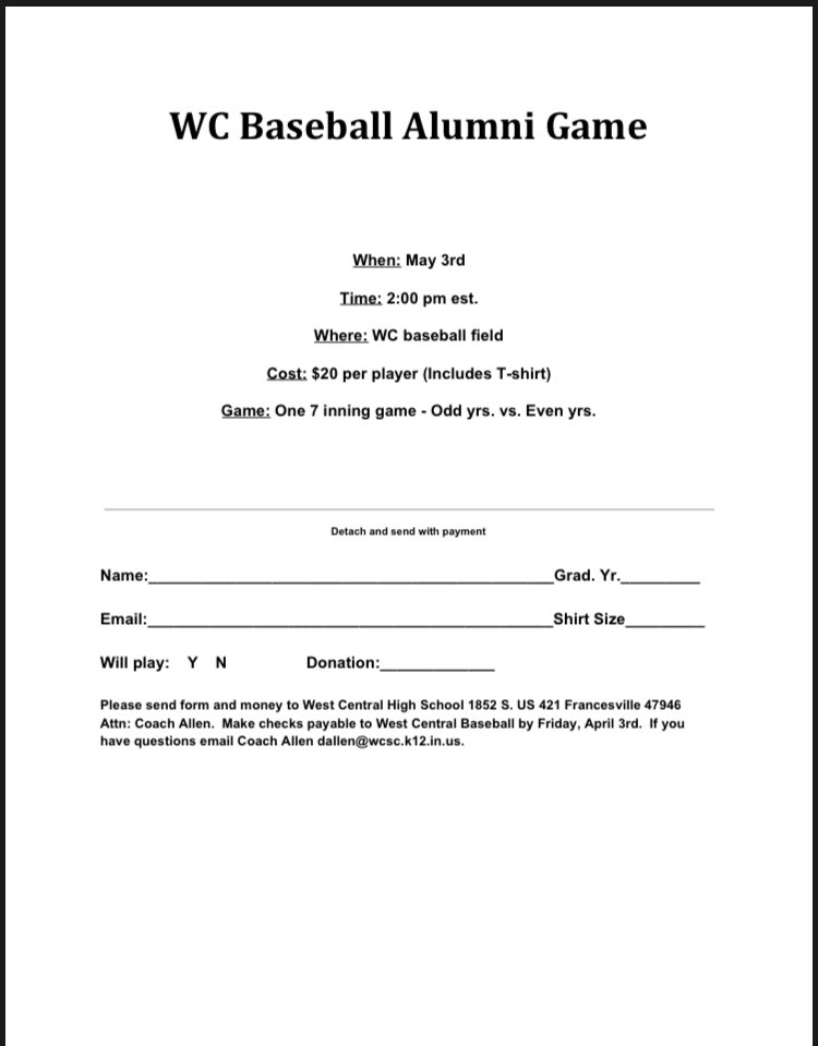 dallen_22's tweet photo. Share with any former WC baseball player.  Let’s see how many guys we can get to return and enjoy an afternoon of baseball! #trojanpride #trojanbaseball https://t.co/PTPzYPEgDf