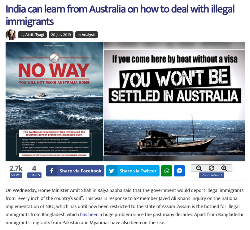end_md's tweet photo. Here's a xenophobic article from India that uses a racist image produced by @AustralianLabor in 2013 to make its point. ALP policy on asylum seekers has only gotten worse since then. https://t.co/qqJ3HerQXl
