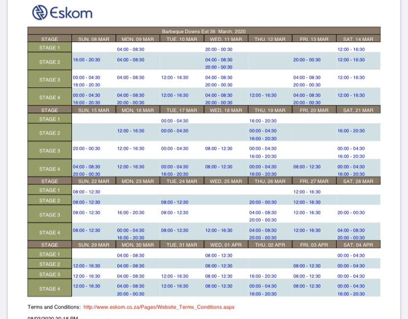 BBQDowns's tweet photo. #POWERALERT 1 Date: 10 March 2020  Stage 2 loadshedding will be implemented from 09:00 today. No loadshedding for us on stage 2. https://t.co/ZuiclcTv7w