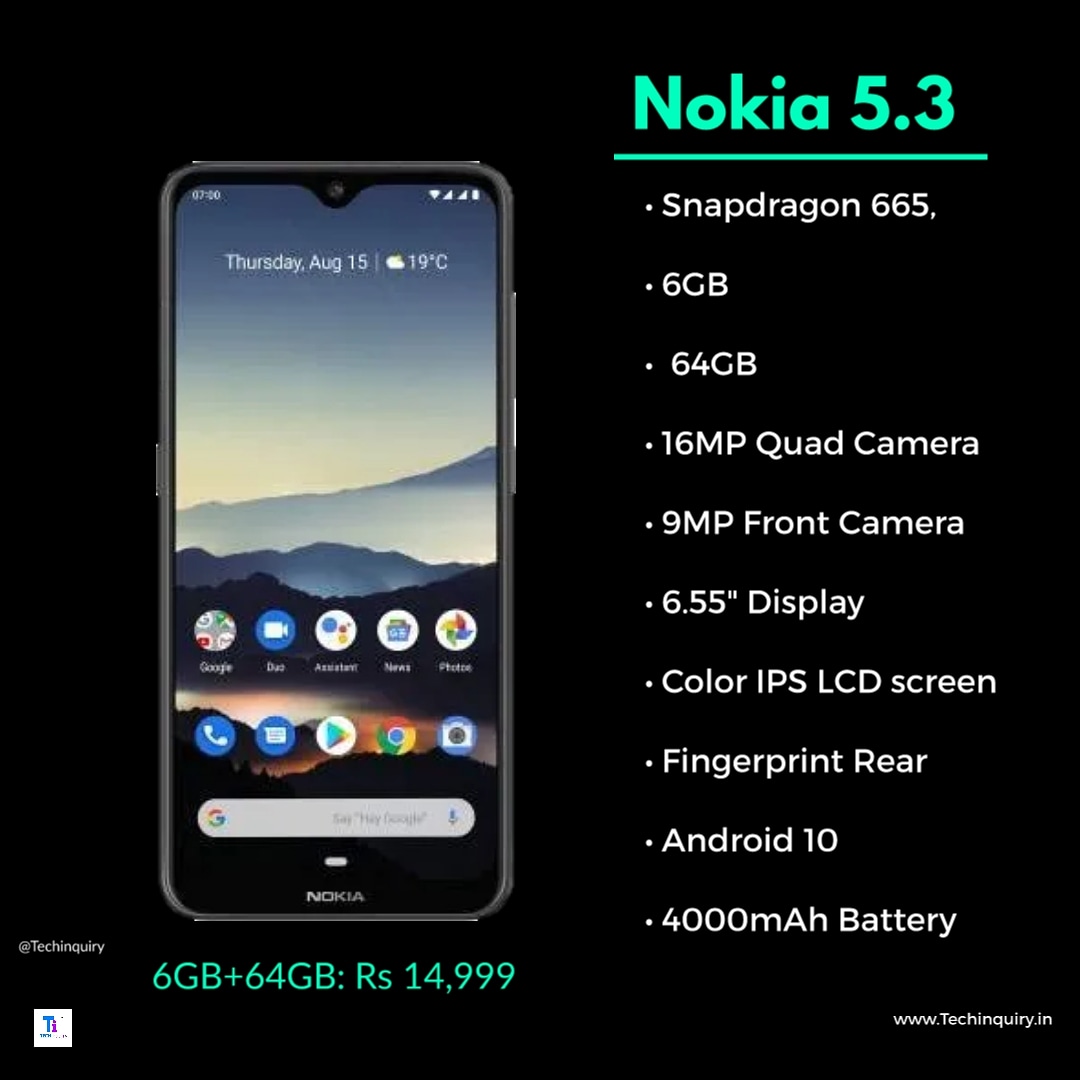 Techinquiryy's tweet photo. Nokia 5.3 Expected specs😍
.
.
Follow for more : @techinquiry
.
.
#nokia #nokia5 #nokia5plus #nokia7 #nokia7plus #nokiaphone #realme6pro #realme6 #realmex50pro5g #realmex50 #realmex2 #Techinquiry #realmex2pro
#realmext #realme #realmex #realmex50pro #realme5pro https://t.co/rZWCc9jfSe