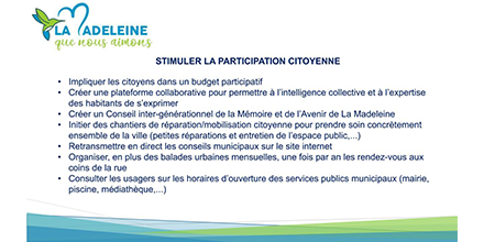 lamadeleineqna's tweet photo. 11/14 ✅ 11ème axe du projet de #LaMadeleineQueNousAimons : Stimuler la participation citoyenne 

#Municipales2020 https://t.co/qKVjSqW5xY