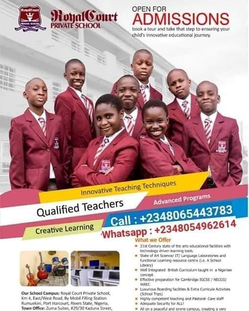 Money spent on Education is a money well spent. More especially, when it is a School like ROYAL COURT PRIVATE SCHOOL. Get Quality Education in a conducive learning environment.
Registration is on.
Call: +234 8065443783,
Whatsapp: +234 8054962614.
#ProwodicGlobalServices