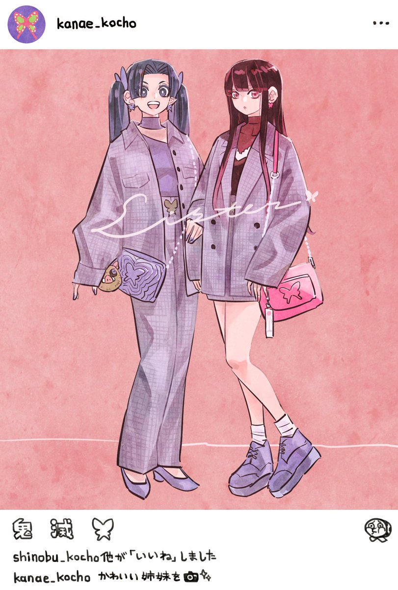 tsuyuri kanao multiple girls 2girls long hair black hair bag contemporary purple footwear  illustration images