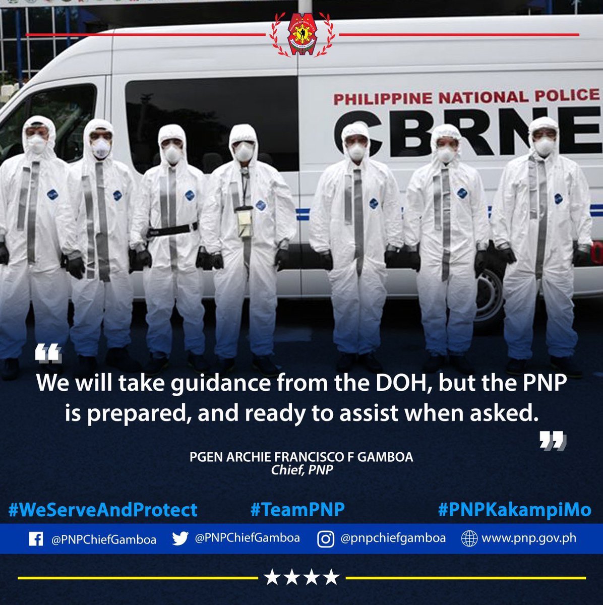 PNPChiefGamboa's tweet photo. We will take guidance from the DOH, but the PNP is prepared, and ready to assist when asked. #TeamPNP #WeServeAndProtect #PNPKakampiMo https://t.co/WH54xDYjht