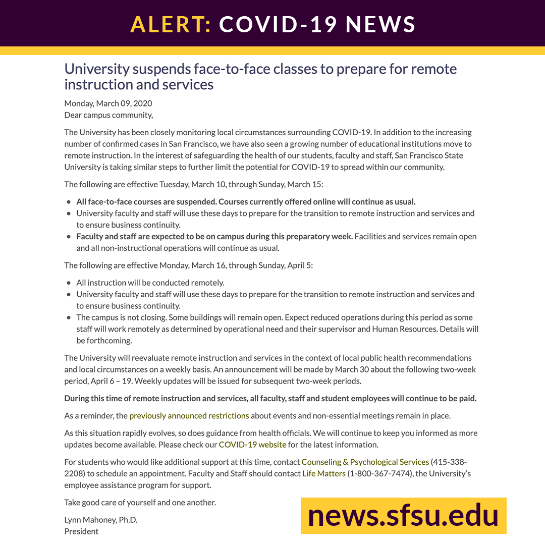 SFSUCPaGE's tweet photo. #SFSU suspends face-to-face classes to prepare for remote instruction and services

Get all the details on SF State News:
https://t.co/QfppkrnDv2 https://t.co/0txL5kd69Z