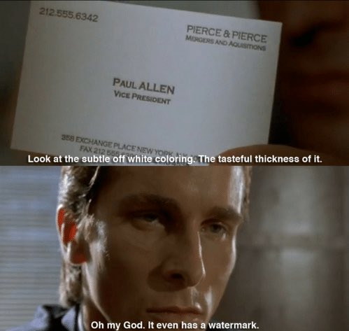 JaymeTweeter's tweet photo. Getting started on my business card for the next challenge in #rsj108 and I couldn’t help but think of the obsession that beautiful @TheOfficialBale has with business cards in #AmericanPsycho. Now I HAVE to put off homework and watch the movie again. Thanks a lot @carenroblin https://t.co/FNpOeyIN6i