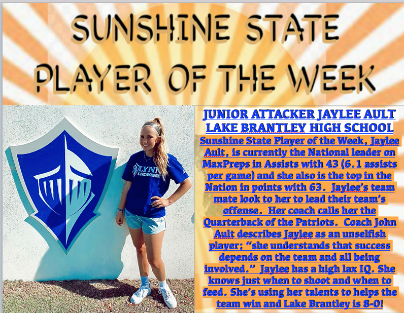 FLlaxgirlnews's tweet photo. Week 3-meet Lake Brantley Junior Jaylee Ault-leading the nation &amp; leading her team! Nominated by her coach, team mate and parent. @4J_Dad @LBglaxCoach @LBGirlsLax https://t.co/HoHWja1X0T