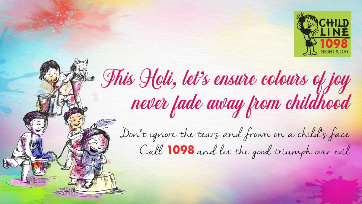 CHILDLINE1098's tweet image. Amid their blues, be their rainbow and safeguard their childhood. This Holi, help us to add #ColoursOfHappiness in the lives of children. If you see any child in distress #Call1098 
#Childline1098 #Holiforacause