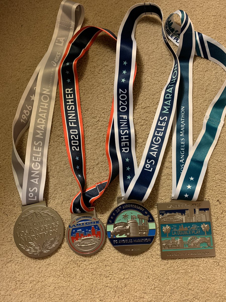 RanchoVerdeBand's tweet photo. Here’s to Medal Monday. Added 4 more to my collection and added my 12th medal to my LA Marathon collection. One of my favorite weekends of the year. Brothers and friends. #laloyal #LAMARATHON2020 @vvusdpdOfficer1 congrats on finish the LA Marathon https://t.co/FL2lm9zZxU