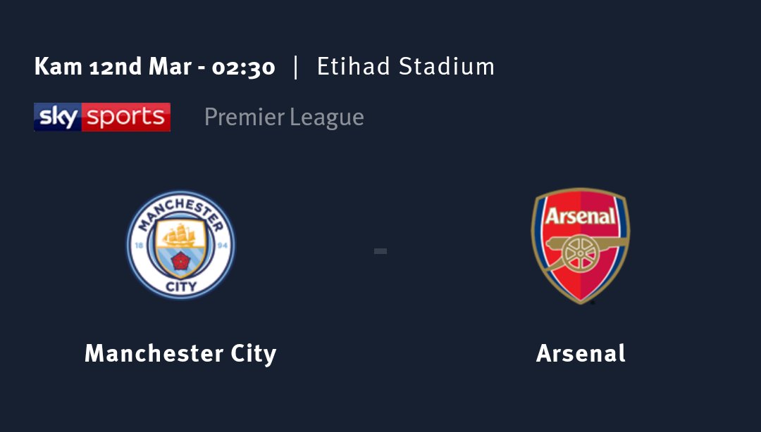 Pertandingan Selanjutnya :
 MATCHDAY ! 
 <a href="/ManCity/">Manchester City</a> 🆚 <a href="/Arsenal/">Arsenal</a>
🏆 <a href="/premierleague/">Premier League</a>
🏟️ Etihad Stadium
📅 Kamis, 12 Maret 2020
🕑 02.30 WIB
📺 Live Mola TV
 #COYG🔴
