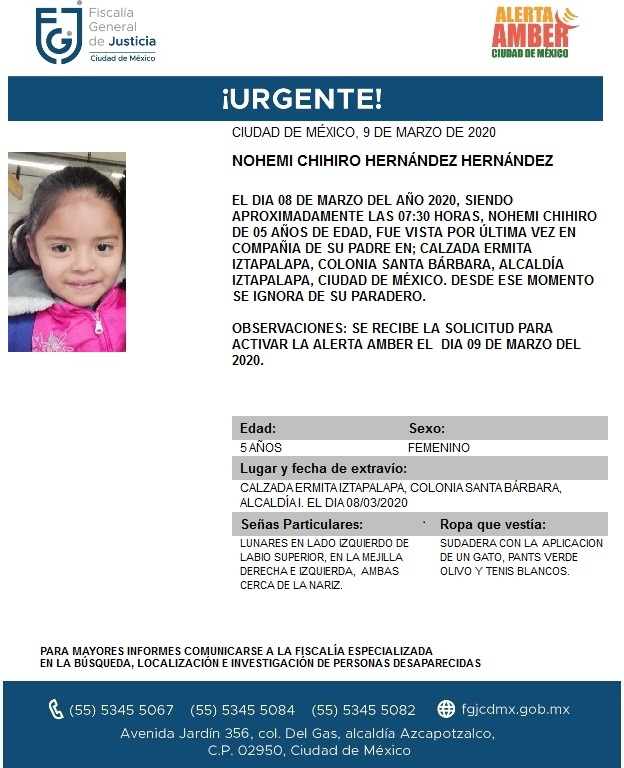 FiscaliaCDMX's tweet photo. Se activa #AlertaAmber para localizar a la menor de cinco años de edad, de nombre Nohemi Chihiro Hernández Henández, fue vista por última vez el día 8 de marzo de 2020 en la colonia santa Bárbara, alcaldía #Iztapalapa https://t.co/vuA5eOmKTJ