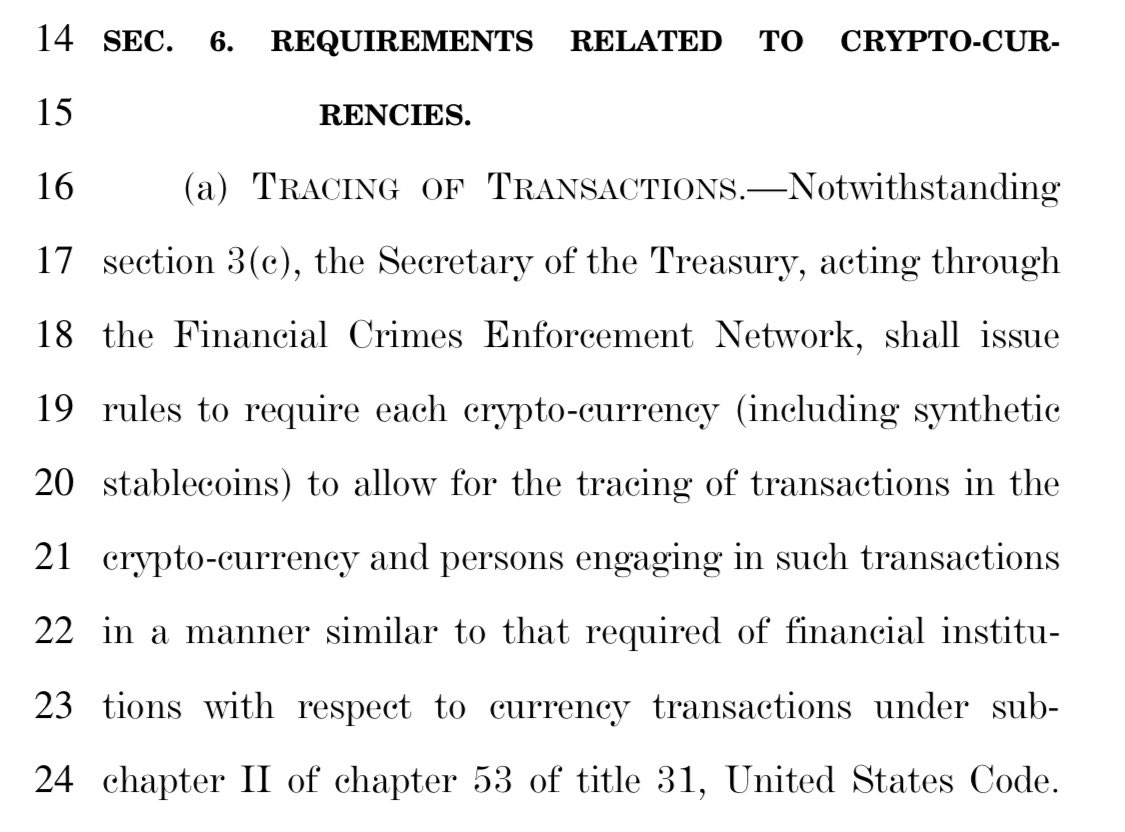 Beware of the “Crypto-Currency Act of 2020” or any kind of legislation  which may force businesses to spy on, deanonymize, or micro-monitor  customers. This is an attack on financial privacy, which we