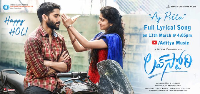 BCCBoxOffice's tweet photo. Team #LoveStory wishes everyone a #HappyHoli 

#AyPilla lyrical out Tomorrow at 4:05 PM!

@chay_akkineni @Sai_Pallavi92 @sekharkammula @SVCLLP @pawanch19 @adityamusic #NC19 https://t.co/EIRRGfnxly