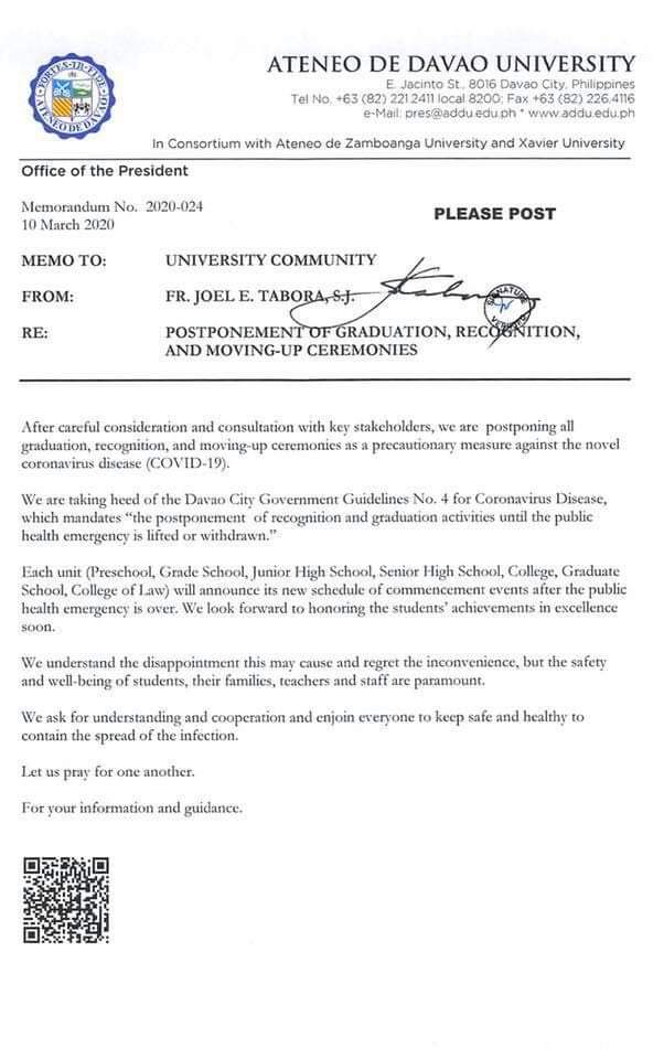 pnagovph's tweet photo. LOOK | As a precautionary measure against the spread of COVID-19, the Ateneo de Davao University @ADDU_Official announce on Tuesday (March 10), the postponement of graduation, recognition, and moving-up ceremonies of all their schools. | via @Chepalicte1 https://t.co/ObvJy7jnAf