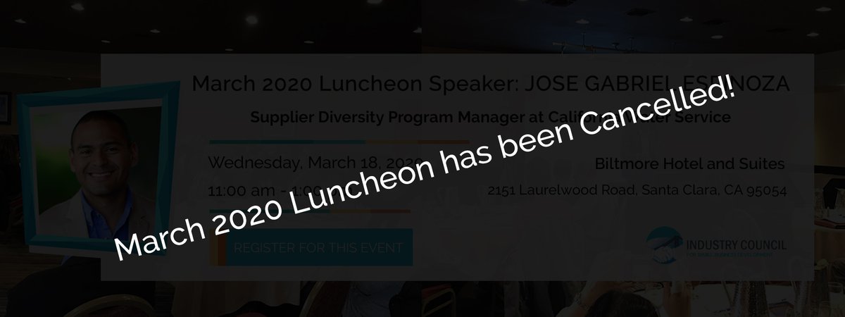 ICSBDBayArea's tweet photo. ICSBD March 2020 Luncheon has been Cancelled!

As you all know, there have been cases of Coronavirus reported in Santa Clara County. We just made the difficult decision to CANCEL the Industry Council Monthly luncheon that was to be held on Wed, March 18th, 2020. https://t.co/4DYp2sCePk