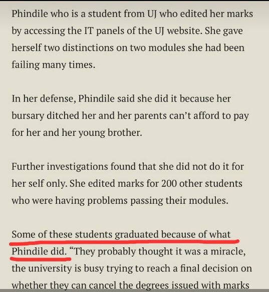 UJ student Phindile hacked the system & gave herself distinctions.

And helped other 200 Students graduate.