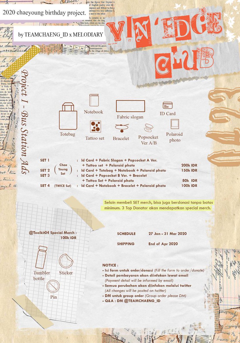 TEAMCHAENG_ID's tweet photo. ⚠️REMINDER ⚠️
⏲️ PRE-ORDER CLOSE : 31 MAR 2020
FORM : https://t.co/d7BII5ACNJ
OPEN DONATION : https://t.co/JgW4Tr0uq3
#VINEDGECLUB
#채영 #CHAEYOUNG
#CHAEYOUNGBIRTHDAYPROJECT
#TEAMCHAENG_IDxMELODIARY
#TOOLKIT04 https://t.co/IsY2zomX6R