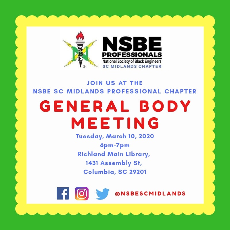Come out and join us at the NSBE SC Midlands Professionals Chapter General Body Meeting Tues Mar 10, 2020 6p at the Richland Main Library!

#nsbepros #nsbescmidlands #region2nsbepros <a href="/nsbescmidlands/">nsbescmidlands</a> <a href="/R2NSBE/">Region II • NSBE</a> @Region2NSBEPros