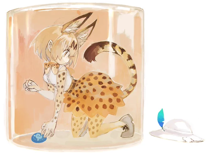 絵チャの産物、
けものフレンズのサーバルちゃん。

「このサーバルリウムをお選びですか?
とっても人気が高いですし、
ジャパリまん2個で飼えますから
すぐ売り切れちゃうんですよね～。
…ただ、この子…ジャパリまん
一個は必ず残しちゃうんですよね。
病気かもしれないので売れないんですよ～」 
