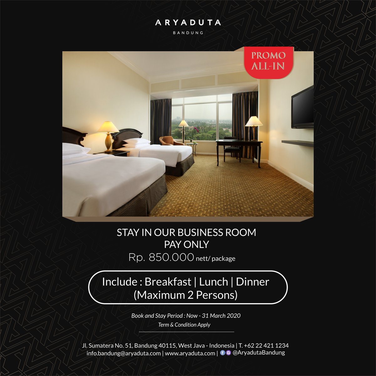 ALL-IN PROMO

Yu liburan bareng keluarga gaperlu mahal.
Kini menginap nyaman sama makan enak. 
Ada loh di Aryaduta Bandung.✨

Tinggal bayar 850Rb udah termasuk
Sarapan, Makan Siang &amp; Makan Malam😍

Untuk detail bisa tlp ke 022 421 1234✨🙏
#promo #staycation #bandung #aryaduta