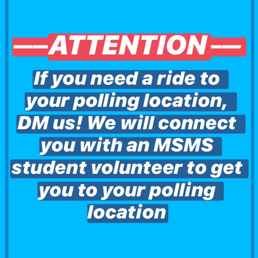 msmsyoungdems's tweet photo. If you need a ride to your polling location, please DM us! We will try to set you up with a fellow MSMS student  and work out a time for you to get to the polls! https://t.co/dyMCjp2Krv